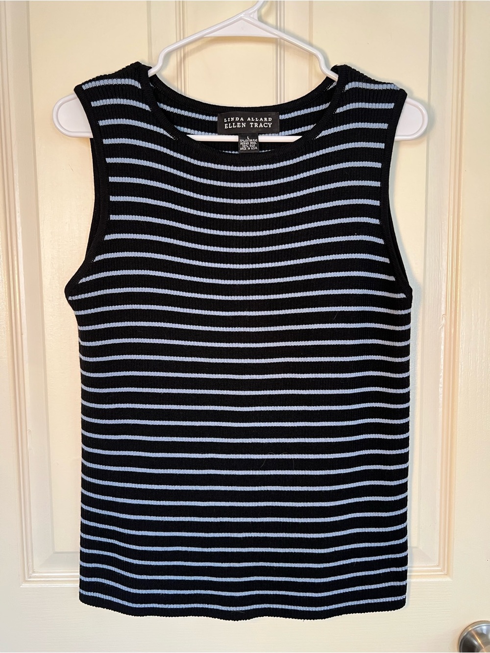 Linda Allard Ellen Tracy Merino Wool Silk Striped Knit Shell Top Black Blue